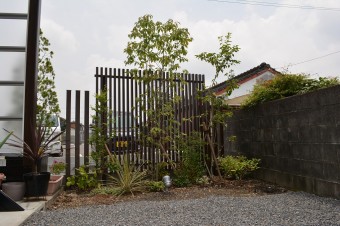 縦格子の目隠しと常緑の植栽を植えこむ